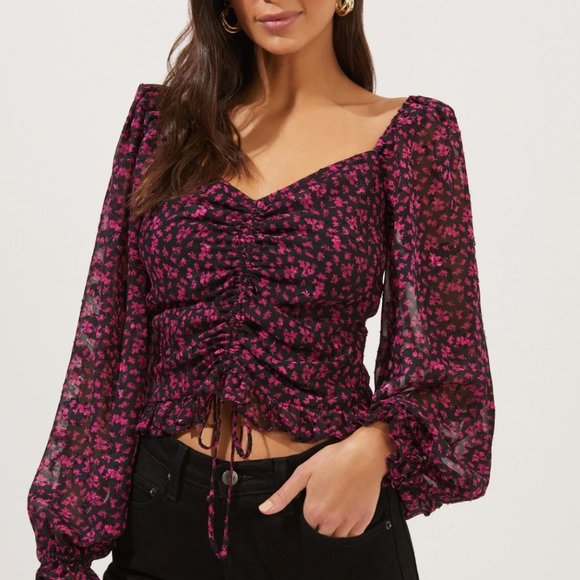 Astr Tops - Pink Floral Ruched Top